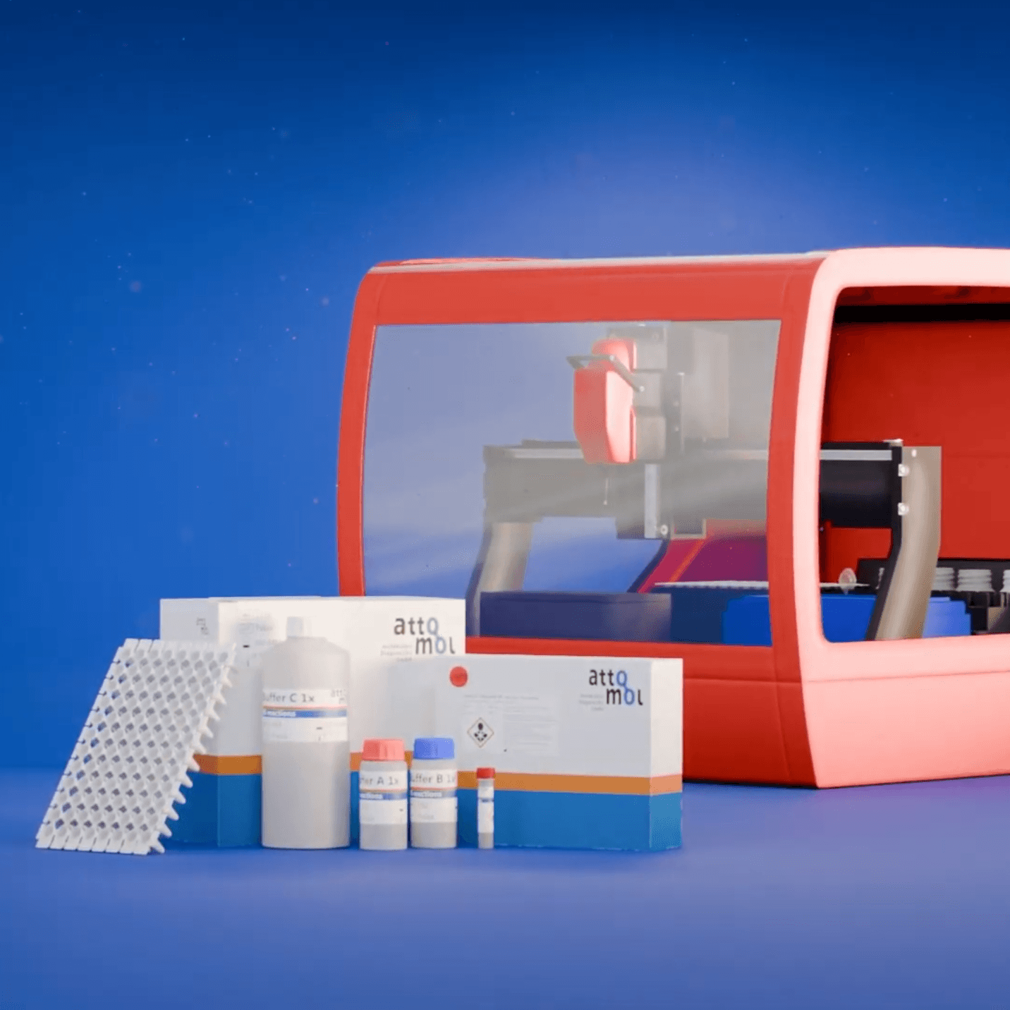 A red Myra liquid handling system is displayed on a blue background, with transparent panels revealing its internal pipetting components, while Attomol Attosorb 3x96 DNA purification kits and reagent bottles are arranged in the foreground.